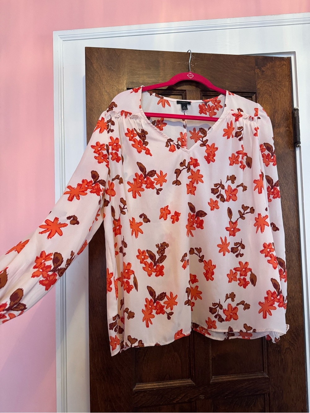 Ann Taylor Coral and Brown Floral Long-Sleeve Blouse